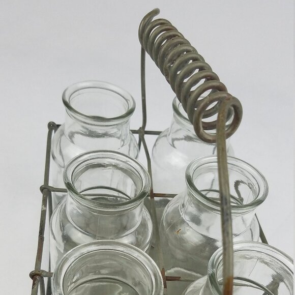 Vtg glass clear bottle holder carry rack metal rustic farmhouse 6 bottles home - Picture 3 of 3
